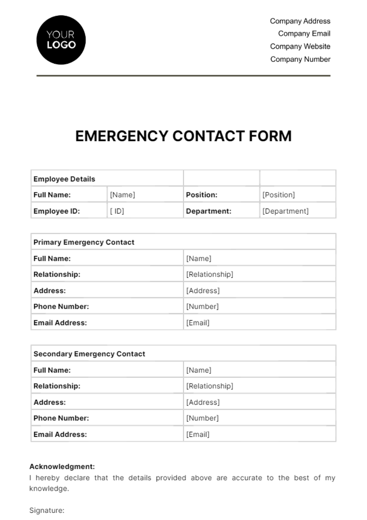 Emergency Contact Form HR Template