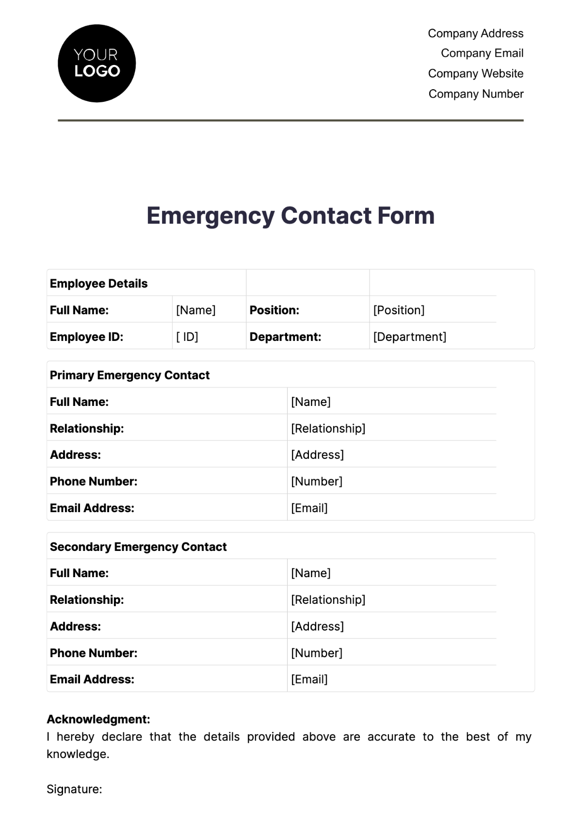 Emergency Contact Form HR Template Edit Online Download Example