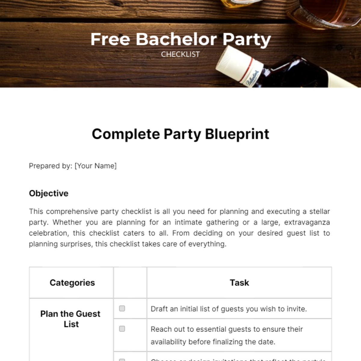 Bachelor Party Checklist Template