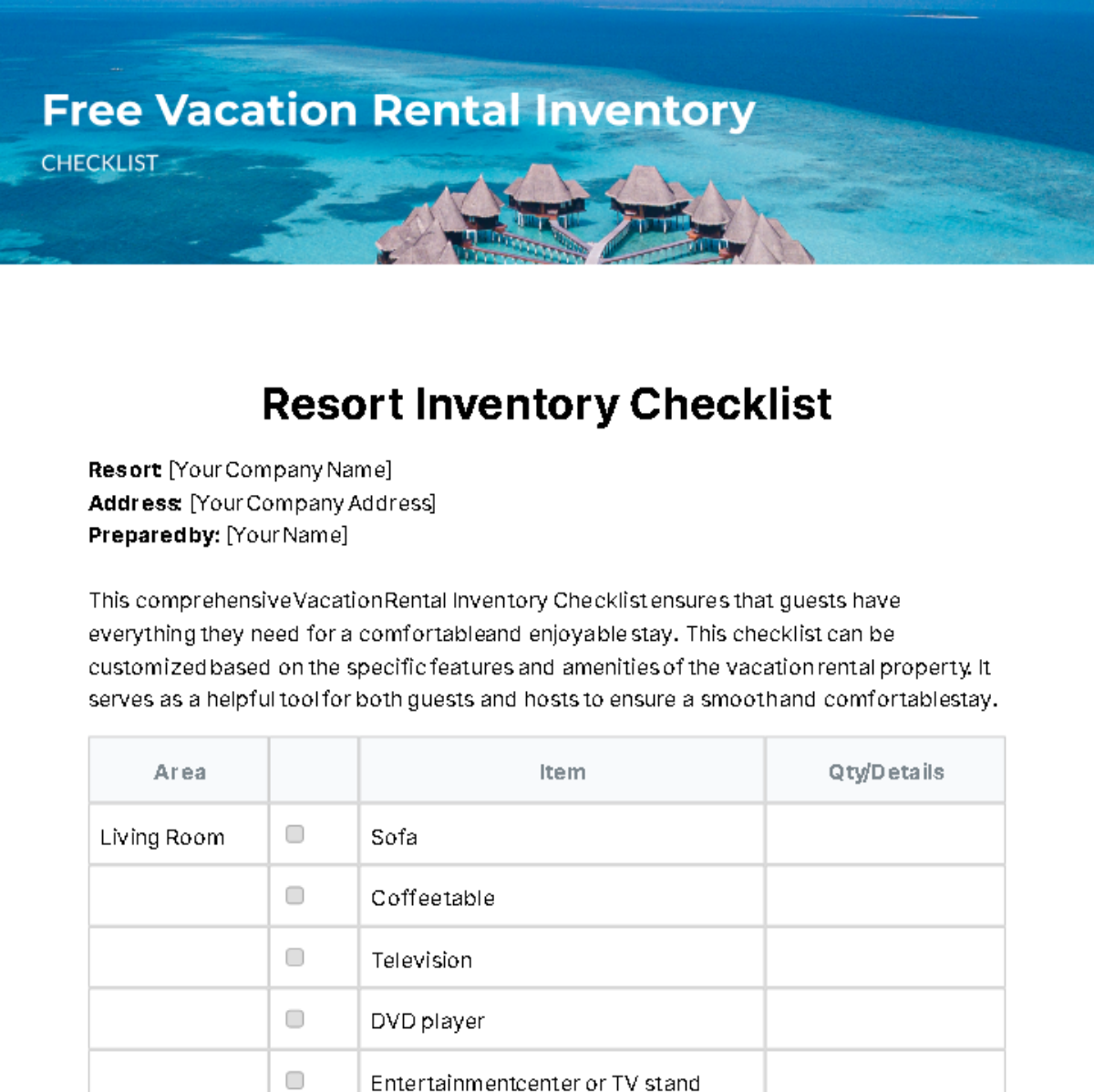 Vacation Rental Inventory Checklist Template