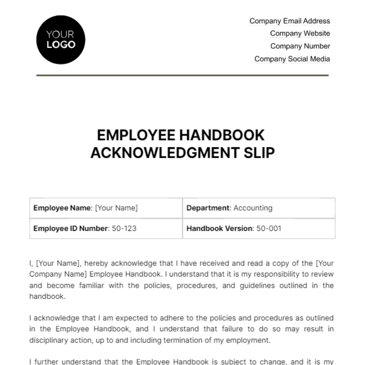 Free Employee Handbook Acknowledgment Slip HR Template