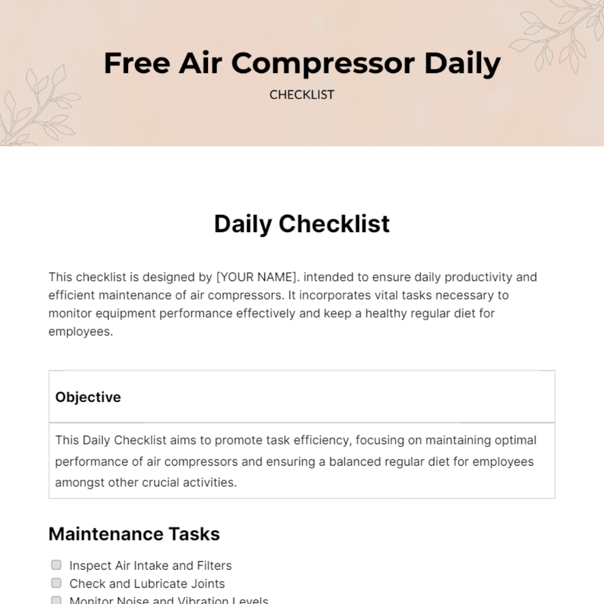Air Compressor Daily Checklist Template