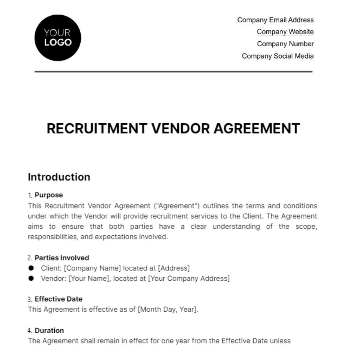 Recruitment Vendor Agreement HR Template