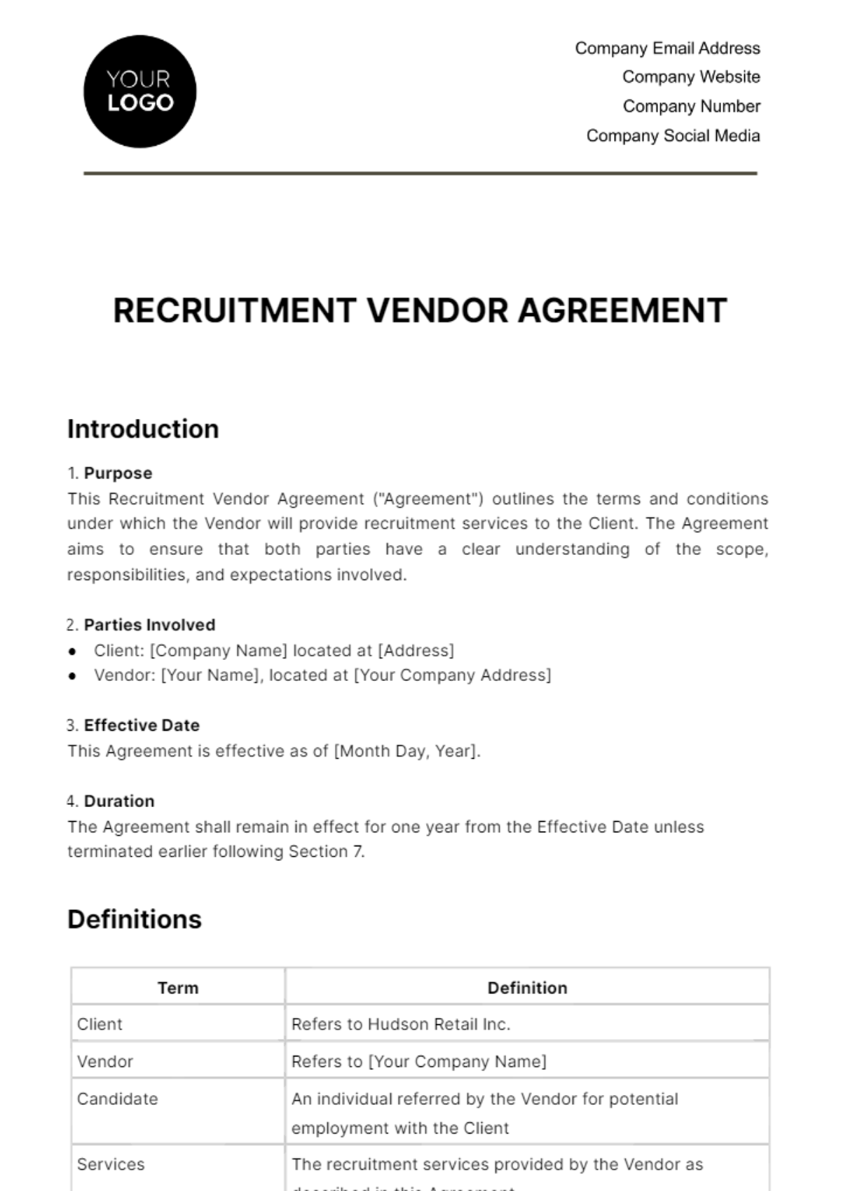 Free Recruitment Vendor Agreement HR Template