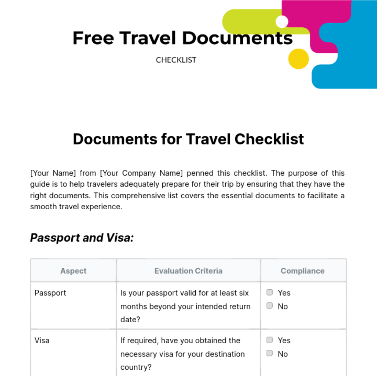 Travel Documents Checklist Template