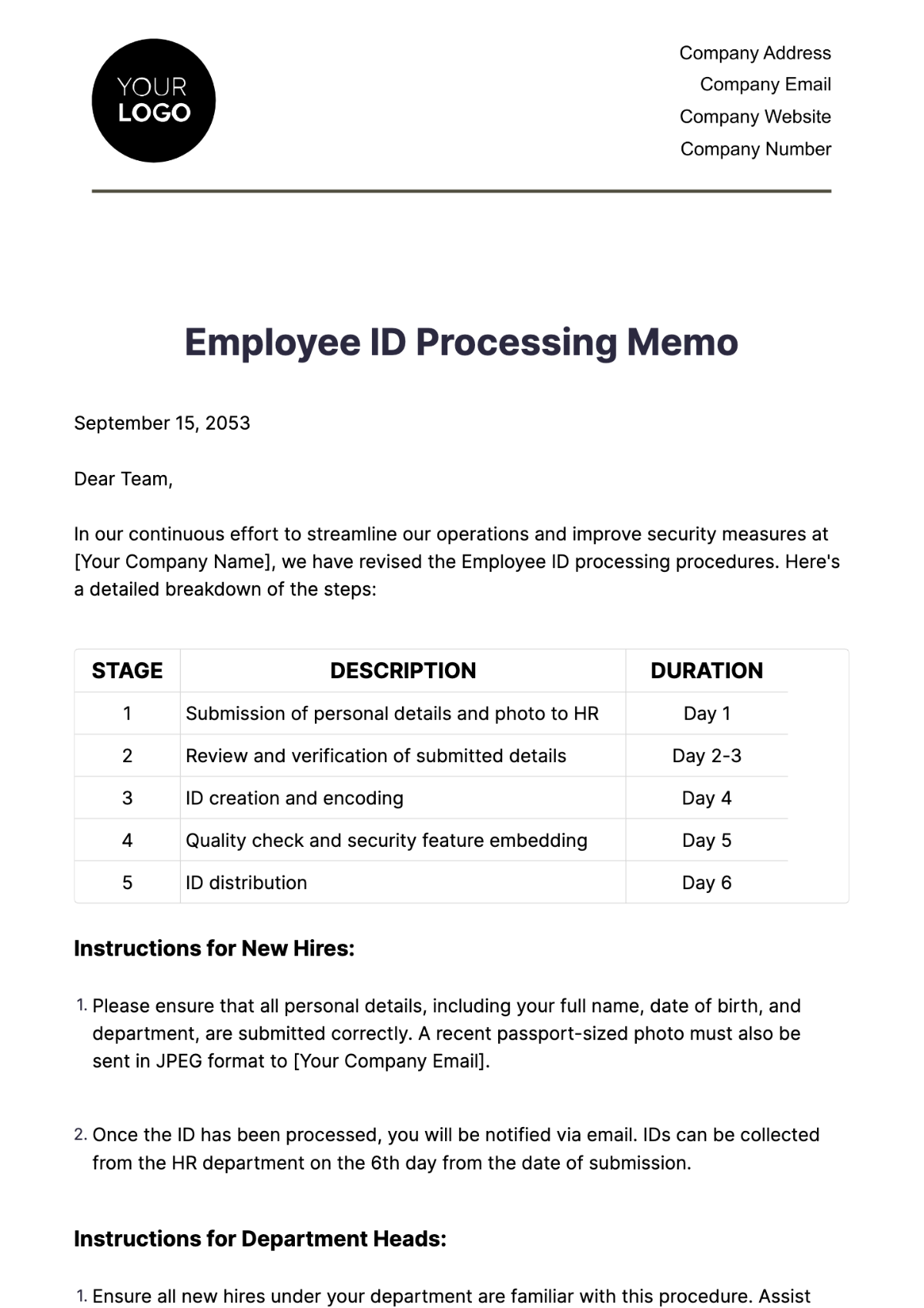 Employee ID Processing Memo HR Template - Edit Online & Download