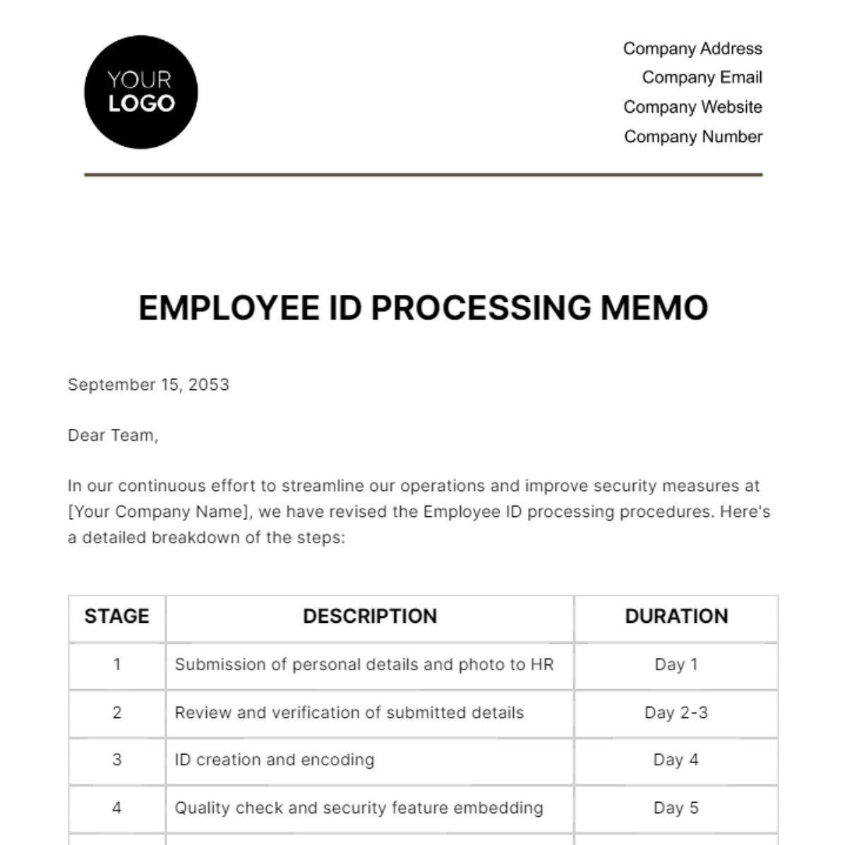 Employee ID Processing Memo HR Template - Edit Online & Download