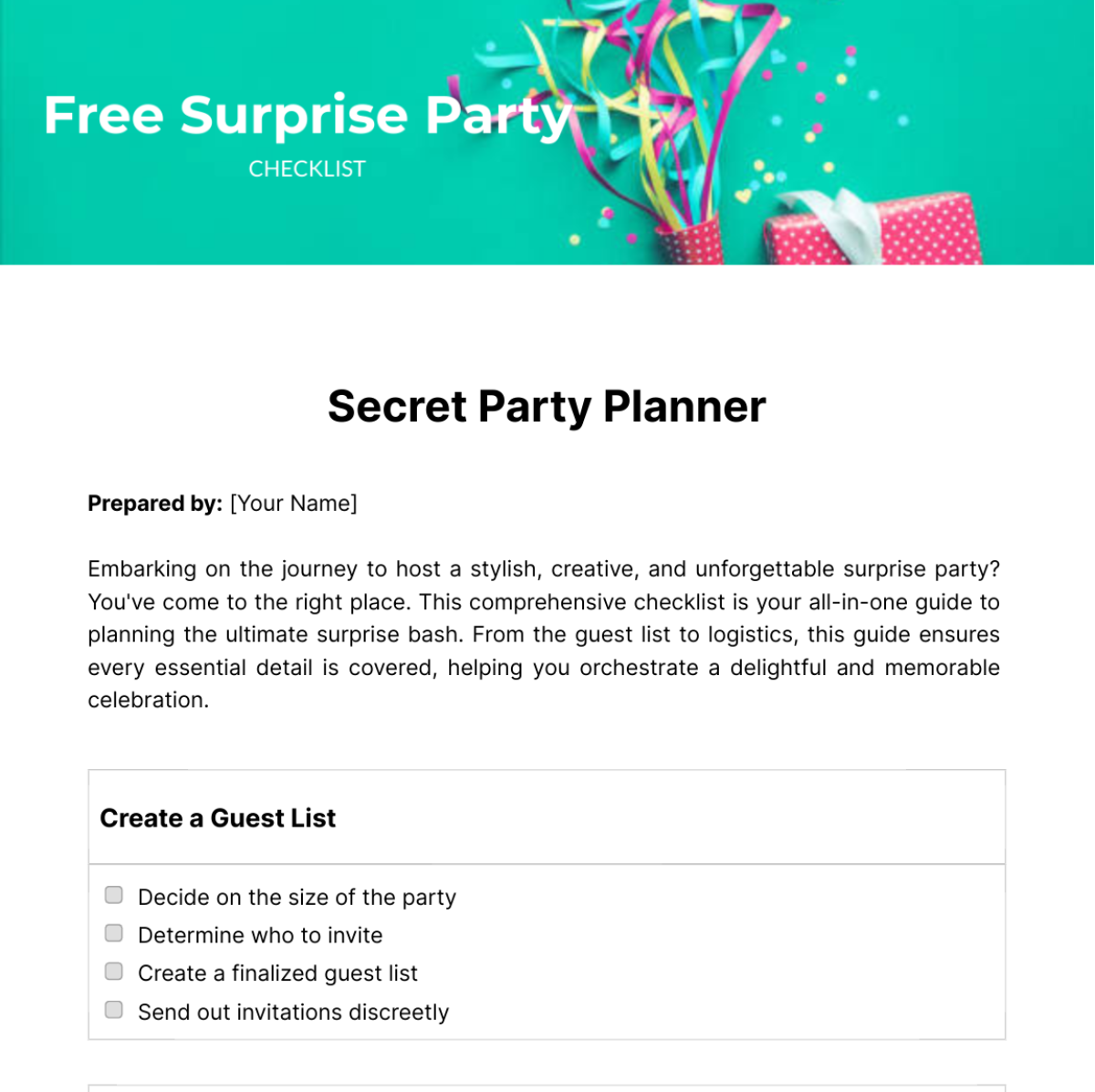 Surprise Party Checklist Template