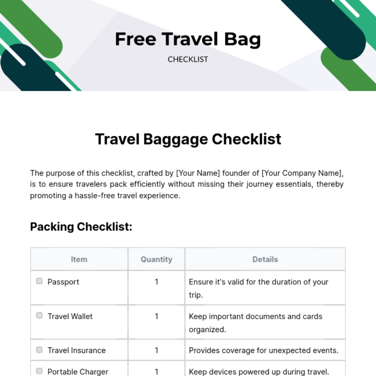 Travel Bag Checklist Template