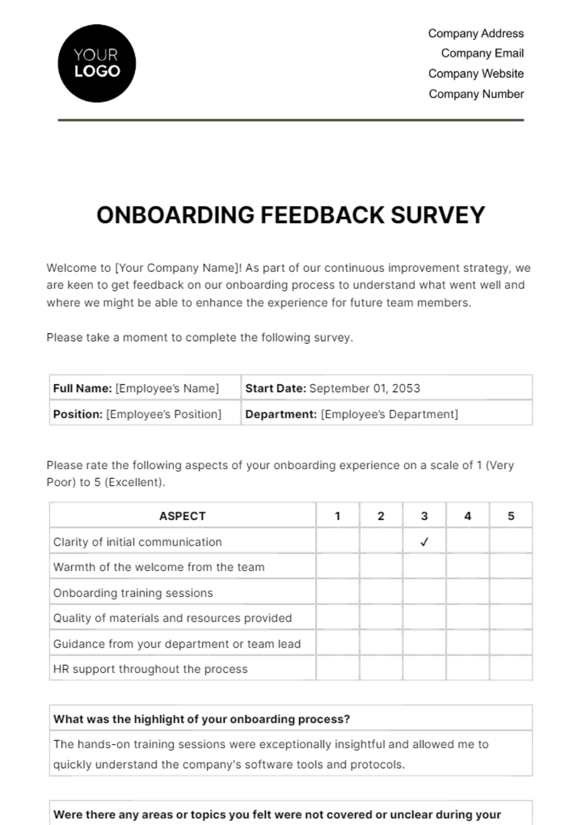 Free Onboarding Feedback Survey HR Template
