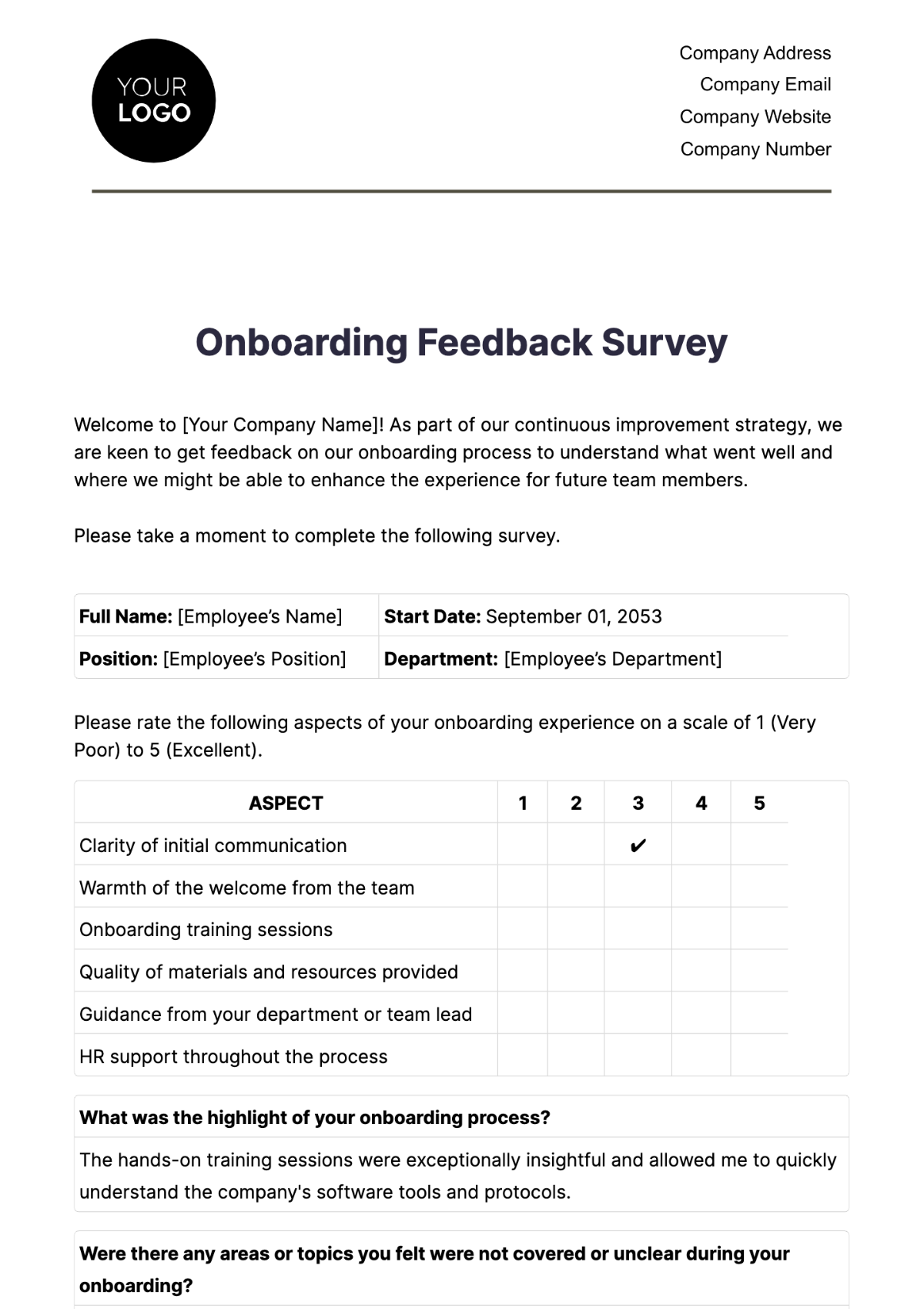 Onboarding Feedback Survey HR Template - Edit Online & Download