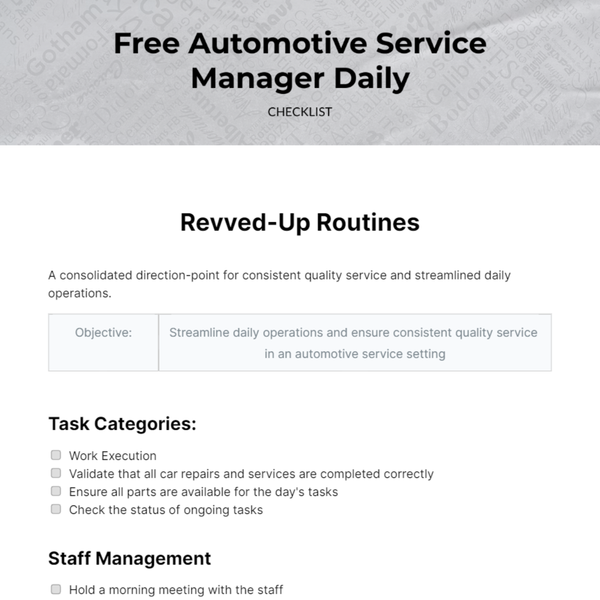 Automotive Service Manager Daily Checklist Template