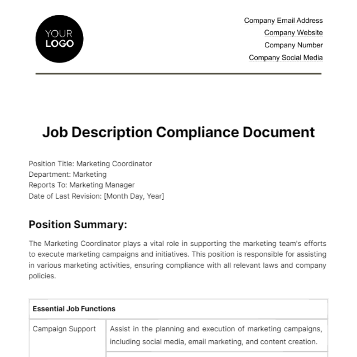 Job Description Compliance Document HR Template