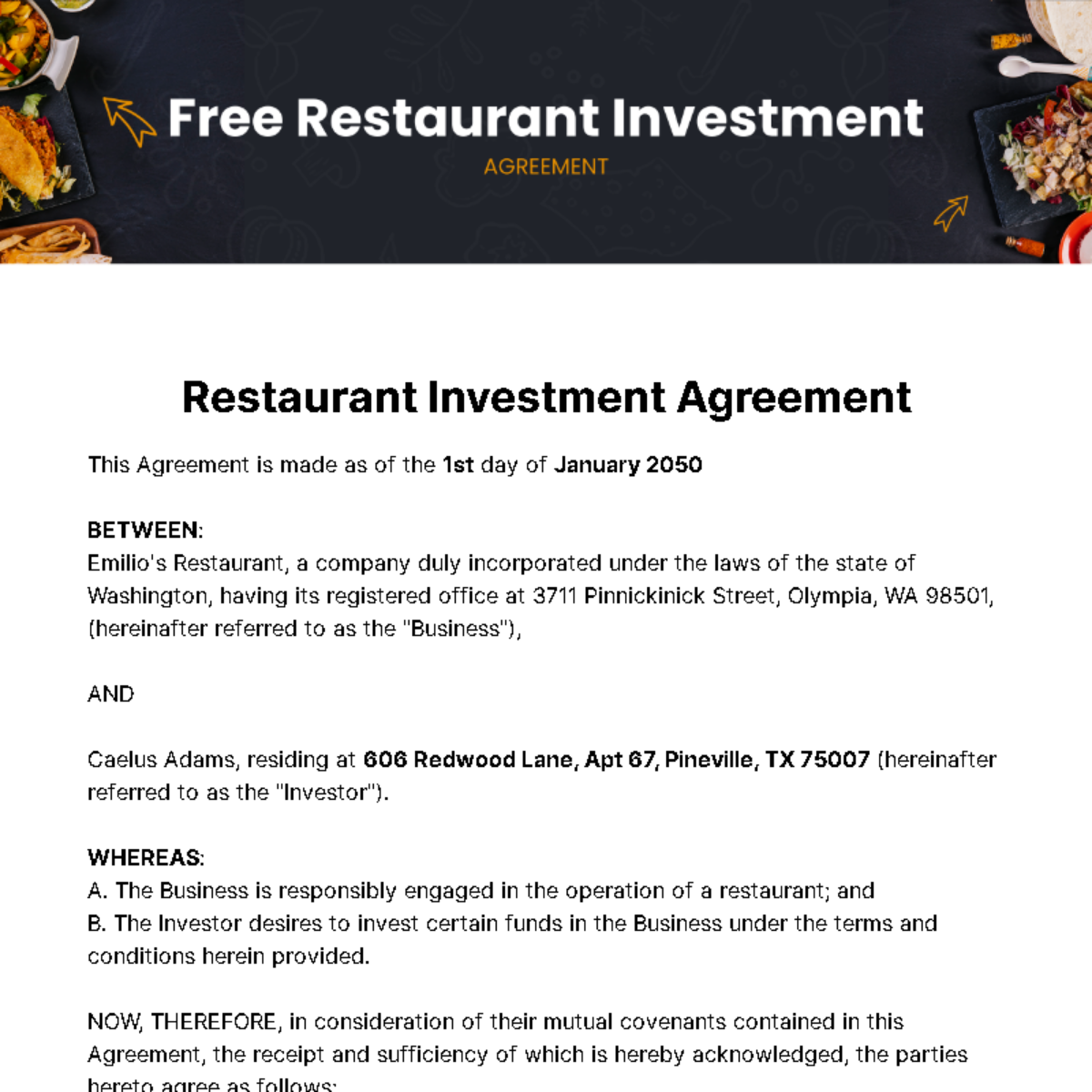 Free Restaurant Investment Agreement Template