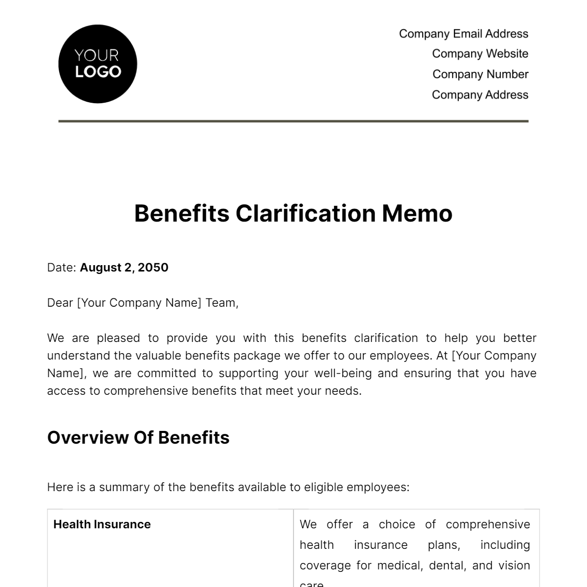 Benefits Clarification Memo HR Template