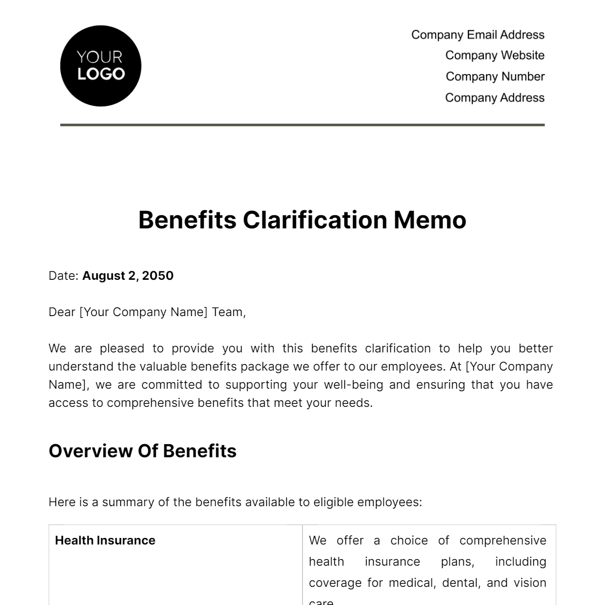 Benefits Clarification Memo HR Template - Edit Online & Download