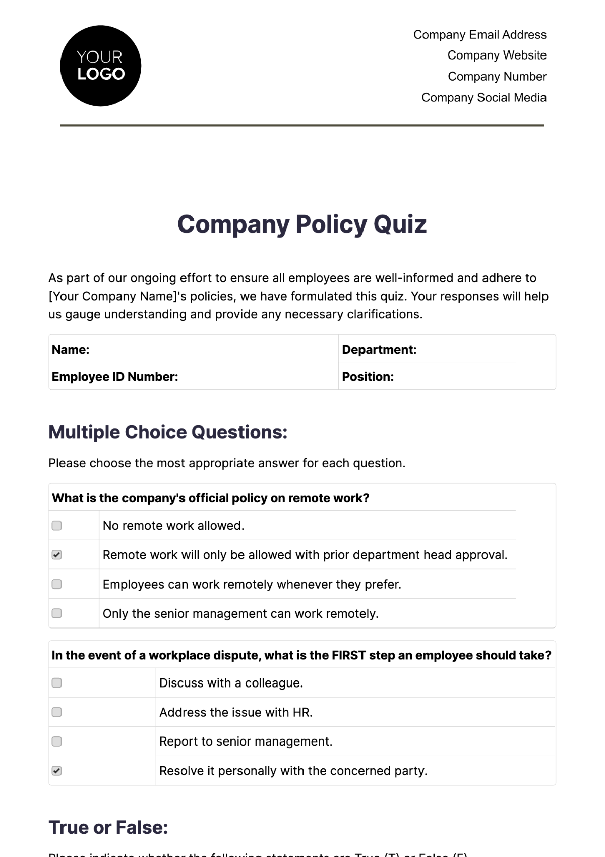 Company Policy Quiz HR Template - Edit Online & Download