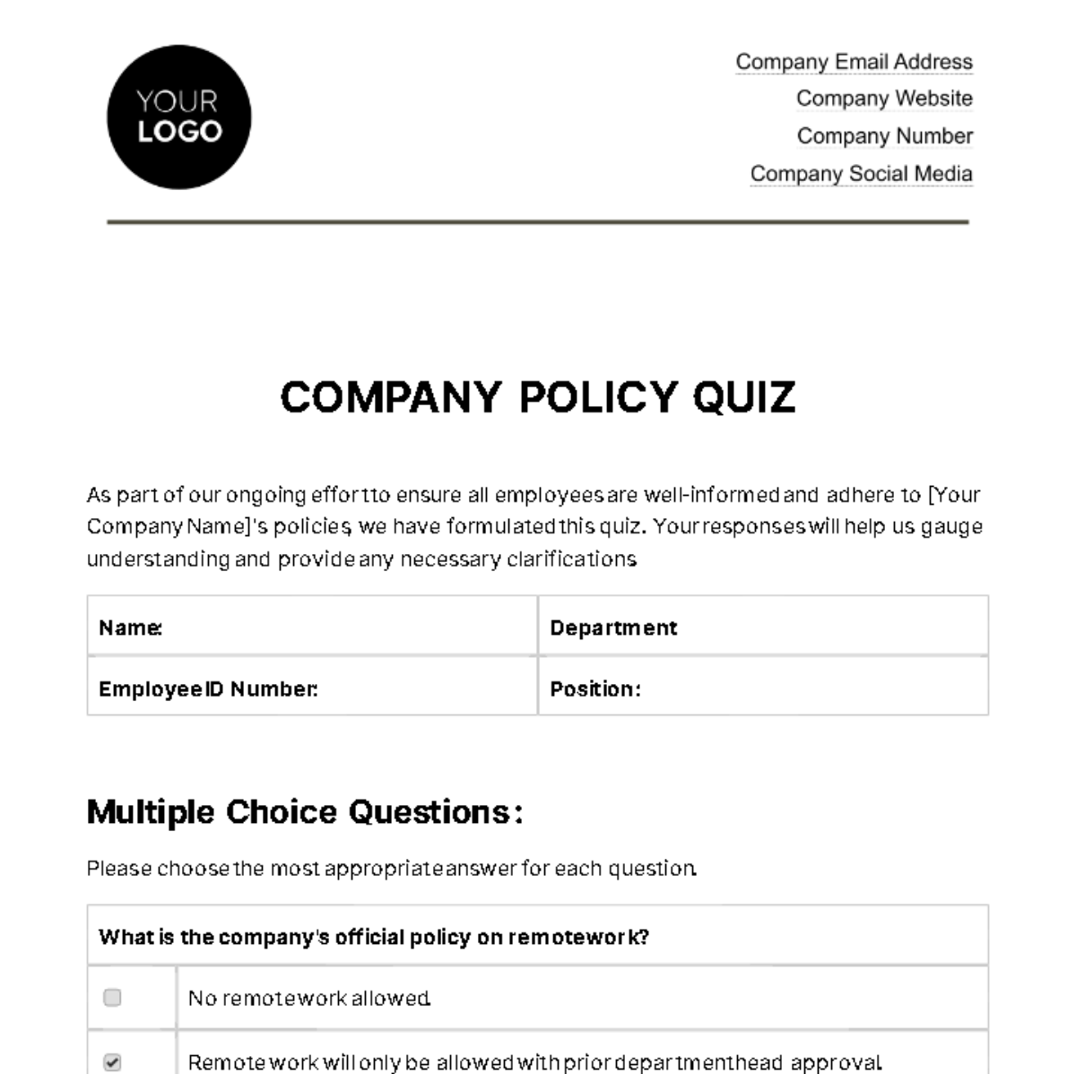 Company Policy Quiz HR Template - Edit Online & Download