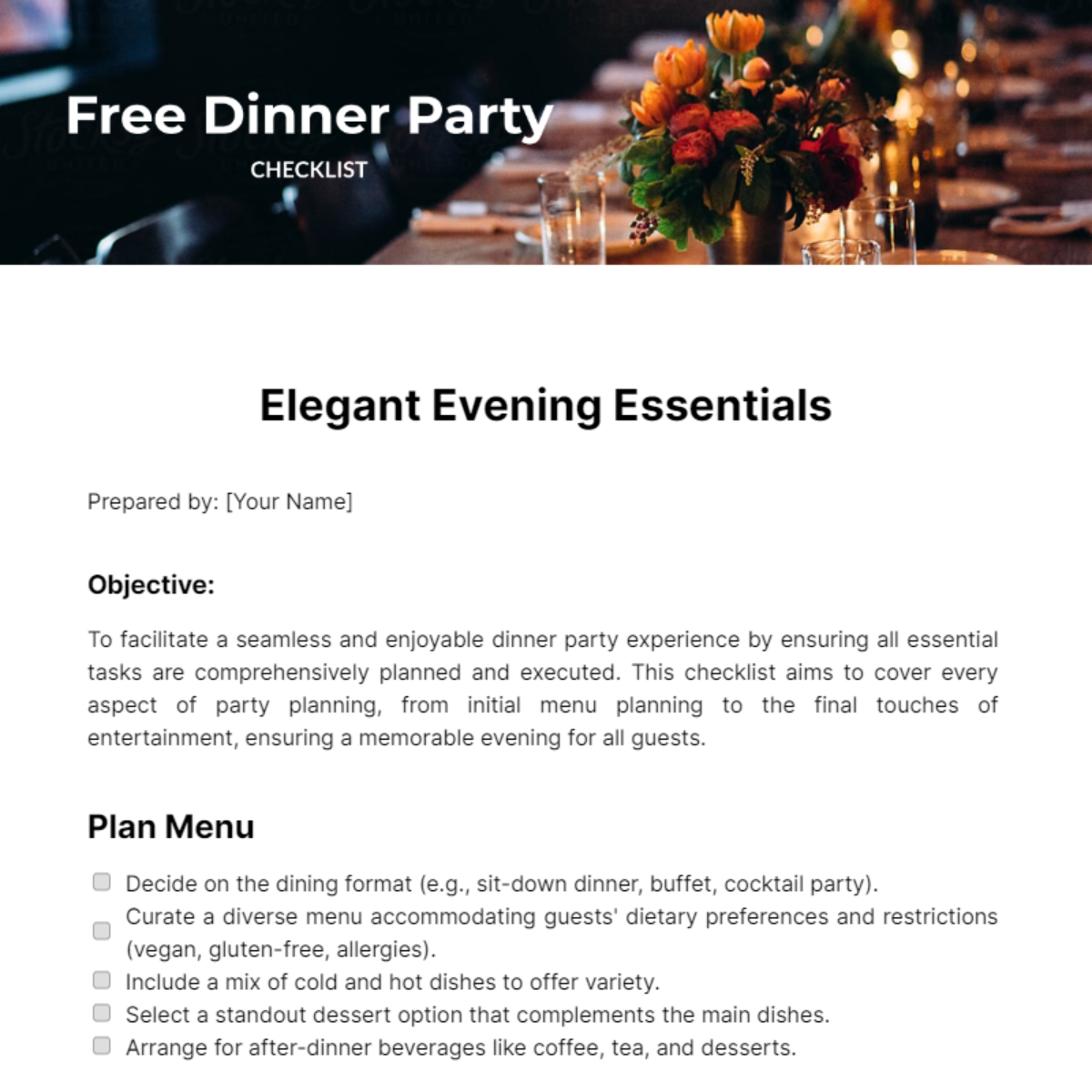 Dinner Party Checklist Template