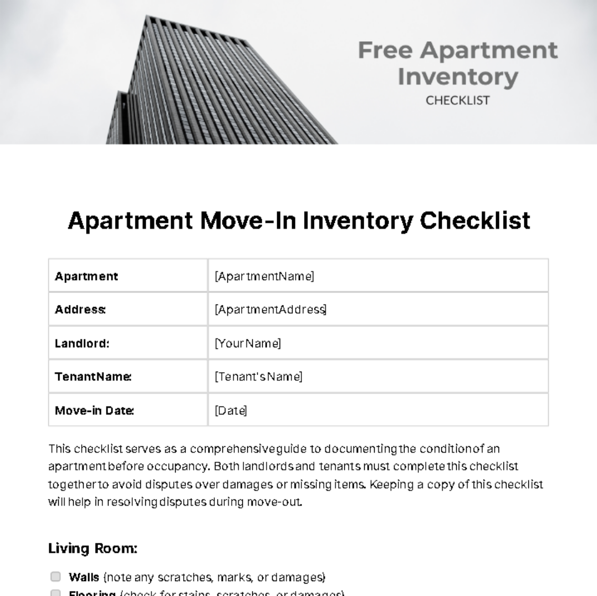 Apartment Inventory Checklist Template