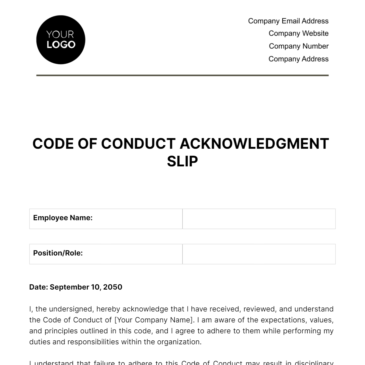 Code of Conduct Acknowledgment Slip HR Template