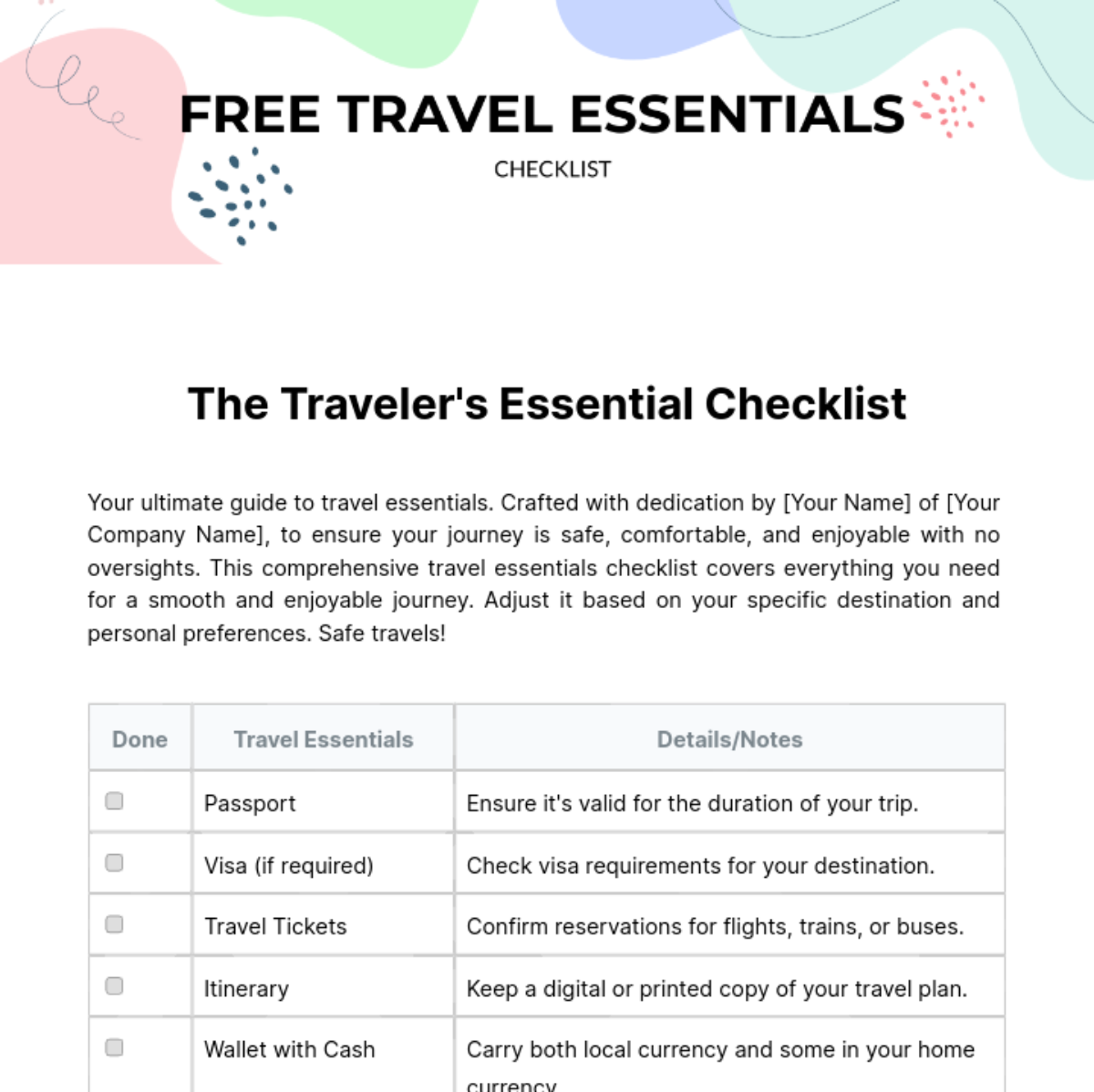 Travel Essentials Checklist Template