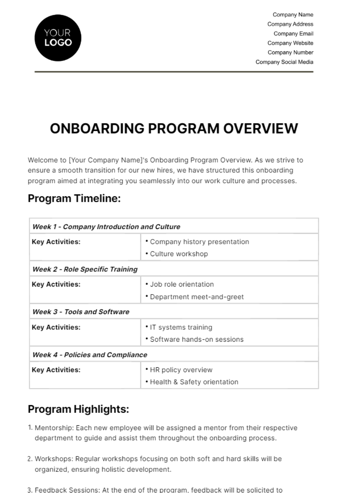Onboarding Program Overview HR Template