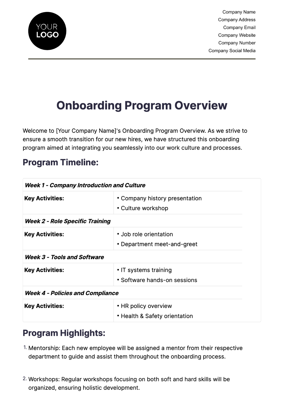 Onboarding Program Overview HR Template - Edit Online & Download