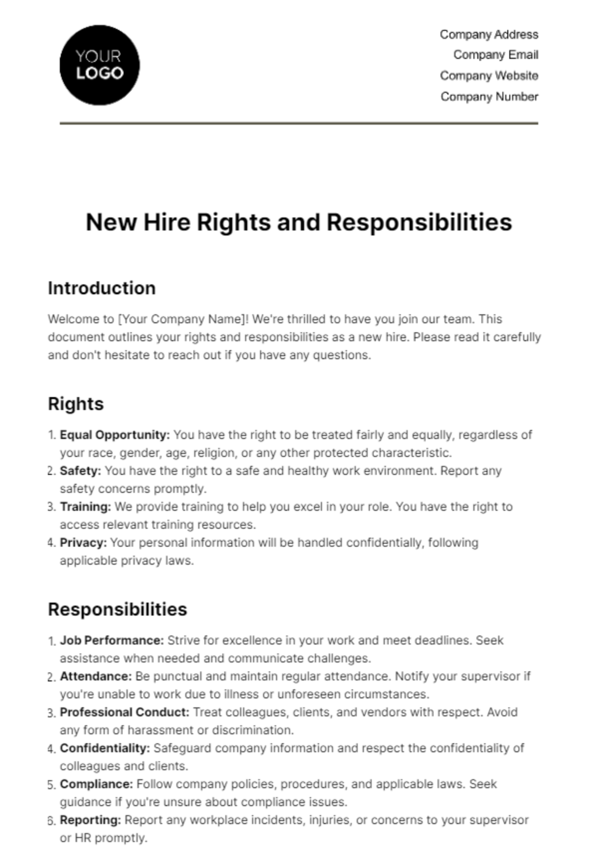 New Hire Rights and Responsibilities HR Template