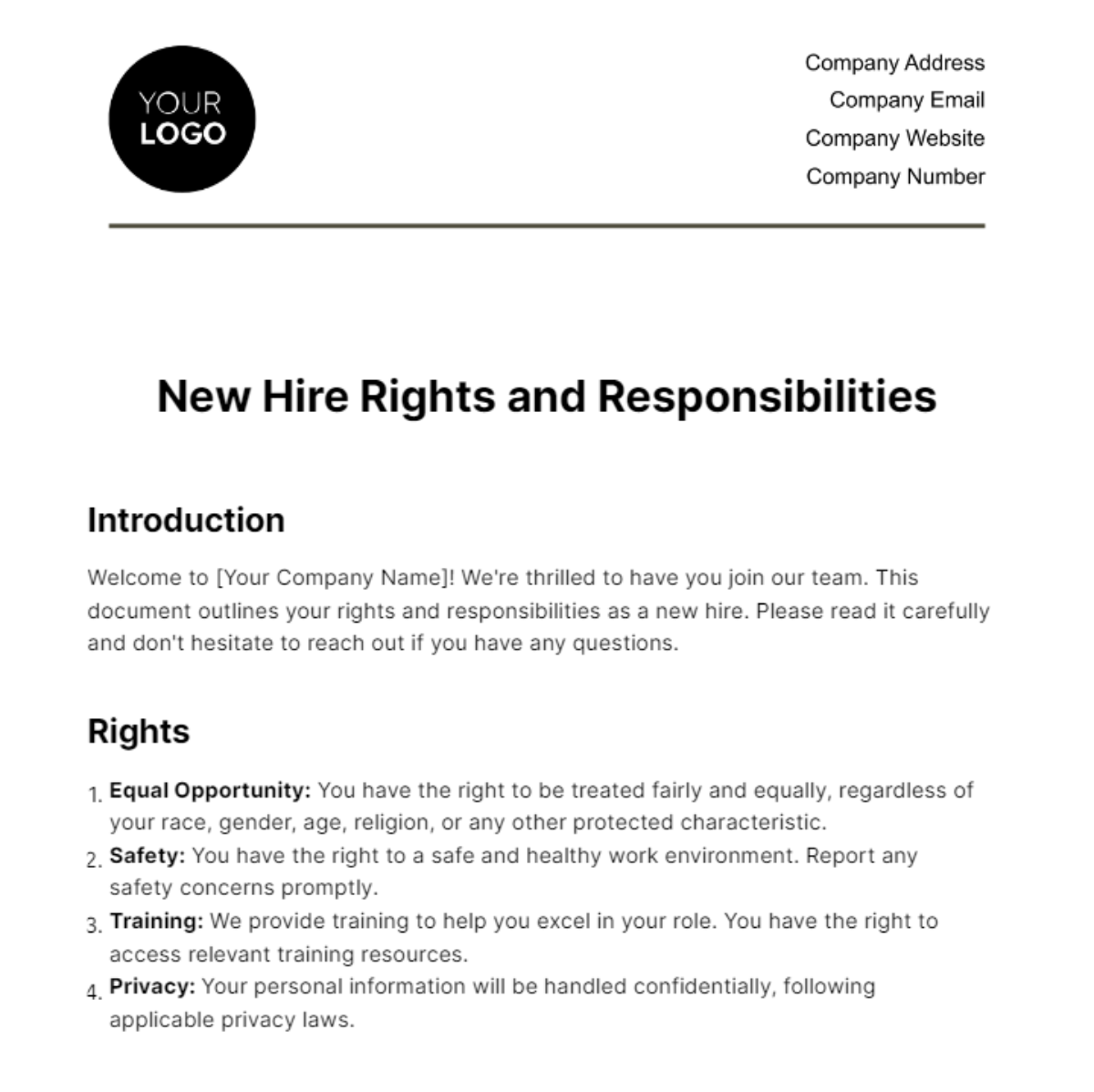 New Hire Rights and Responsibilities HR Template - Edit Online & Download