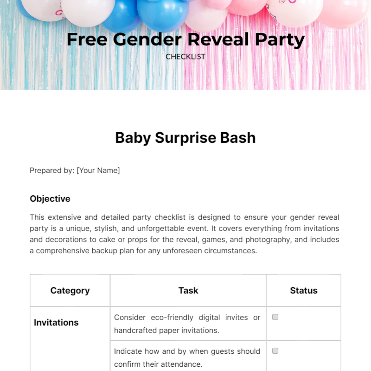 Gender Reveal Party Checklist Template