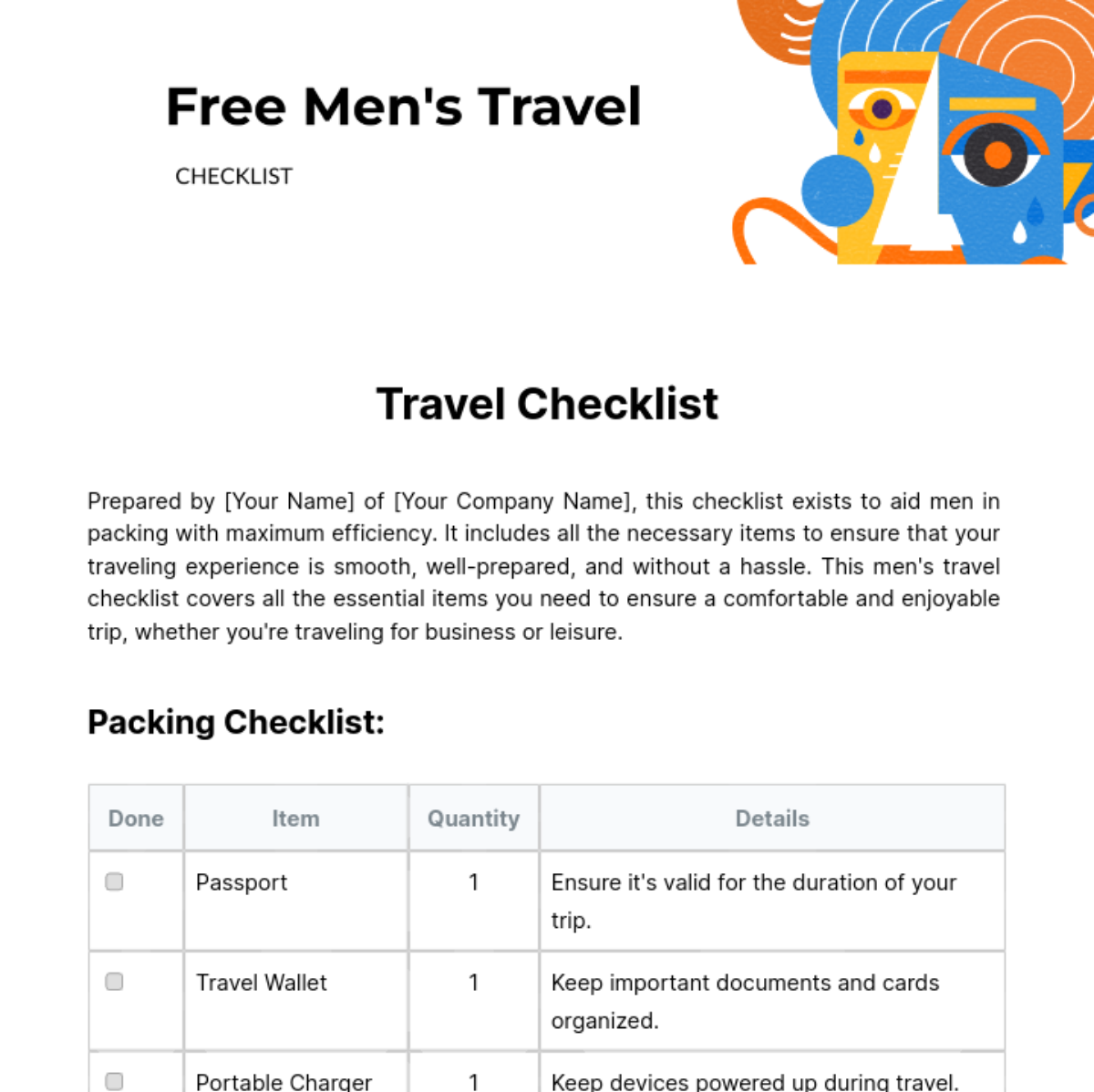 Men's Travel Checklist Template