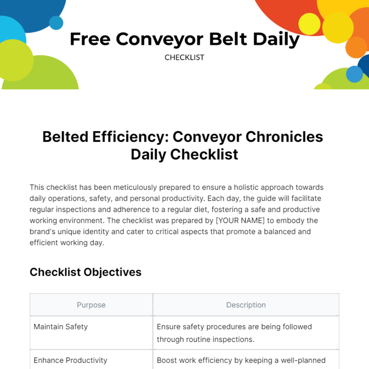 Conveyor Belt Daily Checklist Template