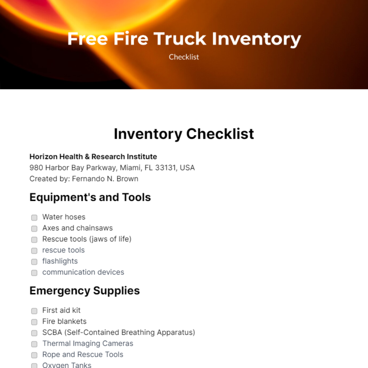 Fire Truck Inventory Checklist Template Edit Online & Download