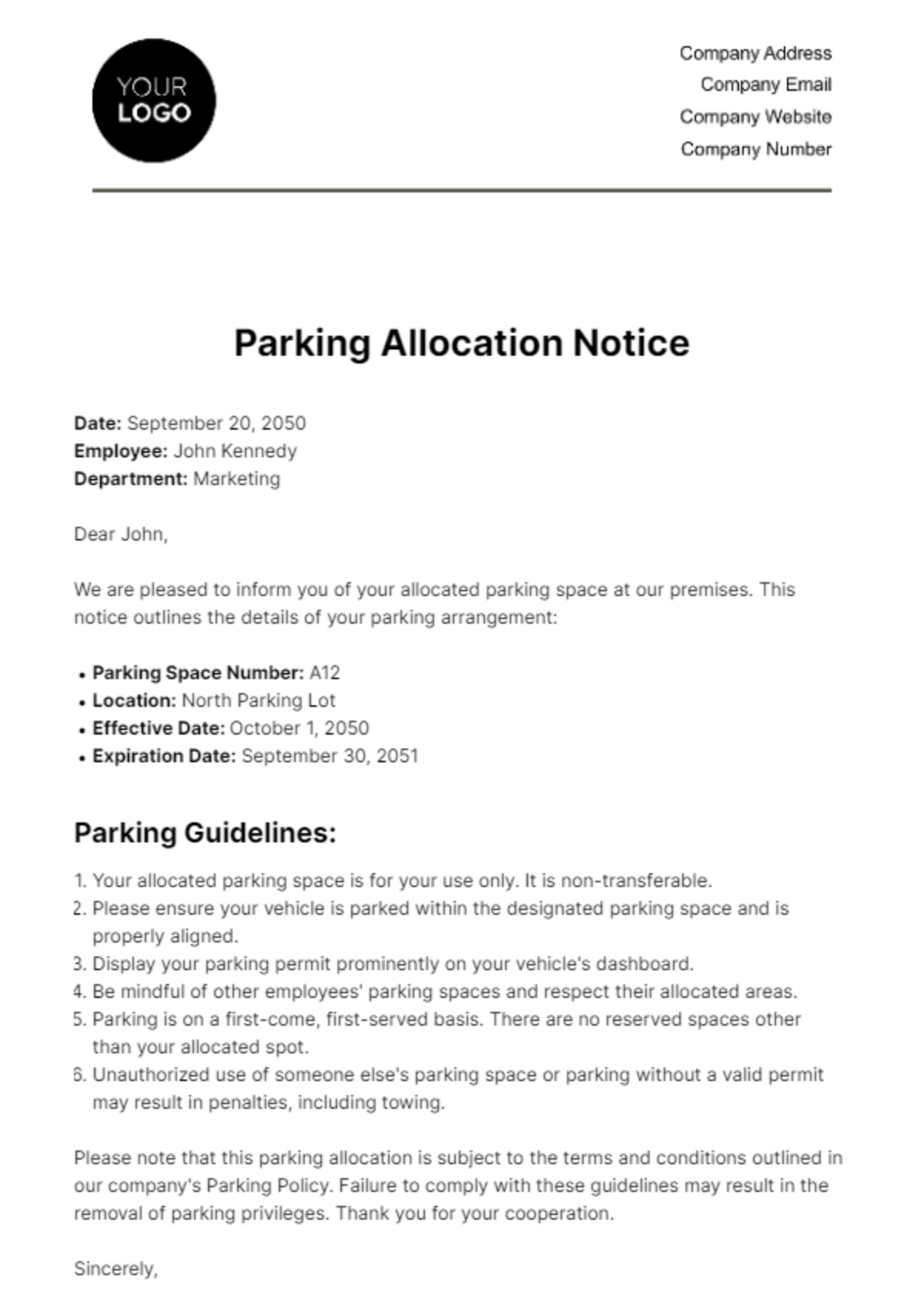 Parking Allocation Notice HR Template
