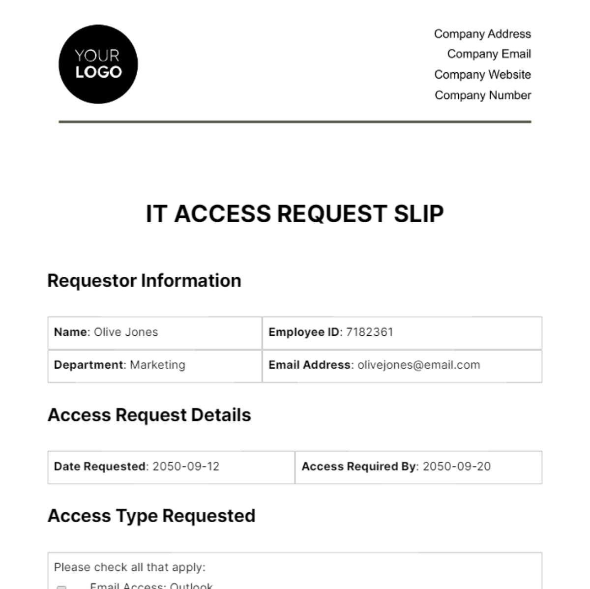 IT Access Request Slip HR Template - Edit Online & Download