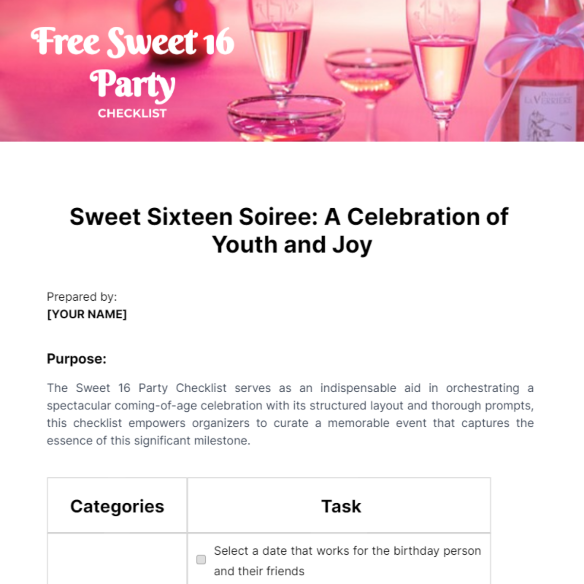 Sweet 16 Party Checklist Template