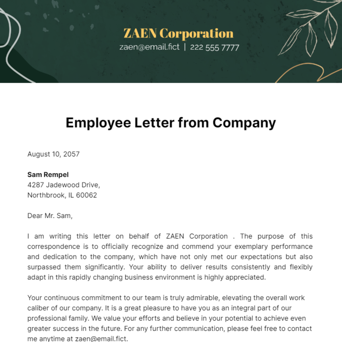Free Employee Letter from Company Template