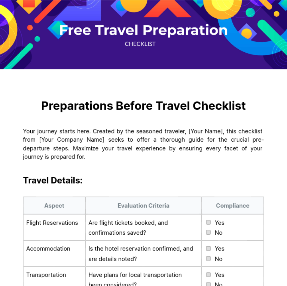 Travel Preparation Checklist Template