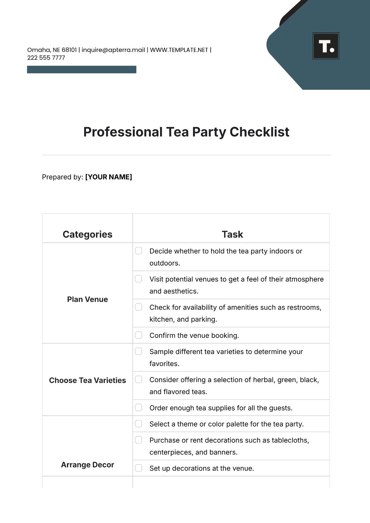 Professional Tea Party Checklist Template