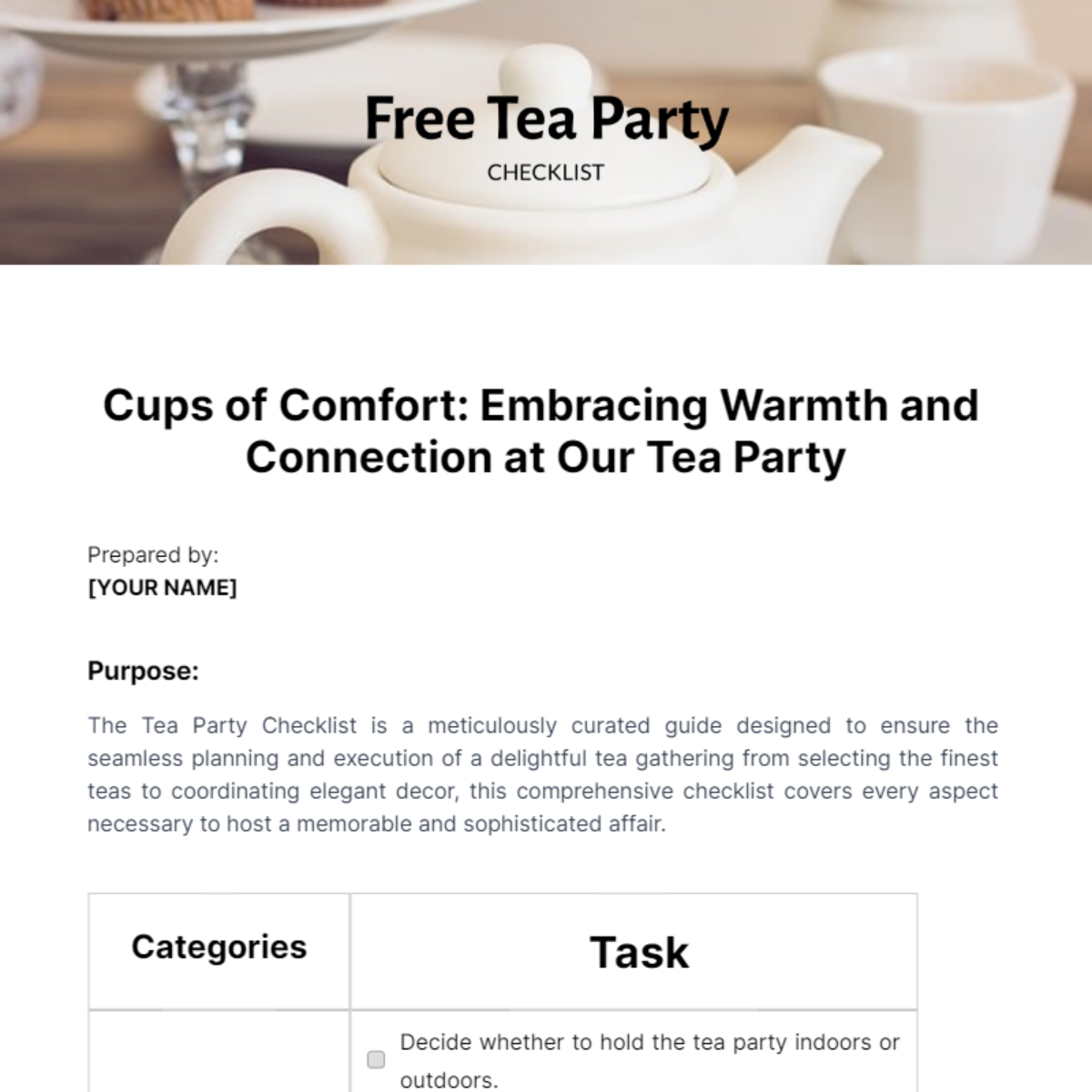 Tea Party Checklist Template
