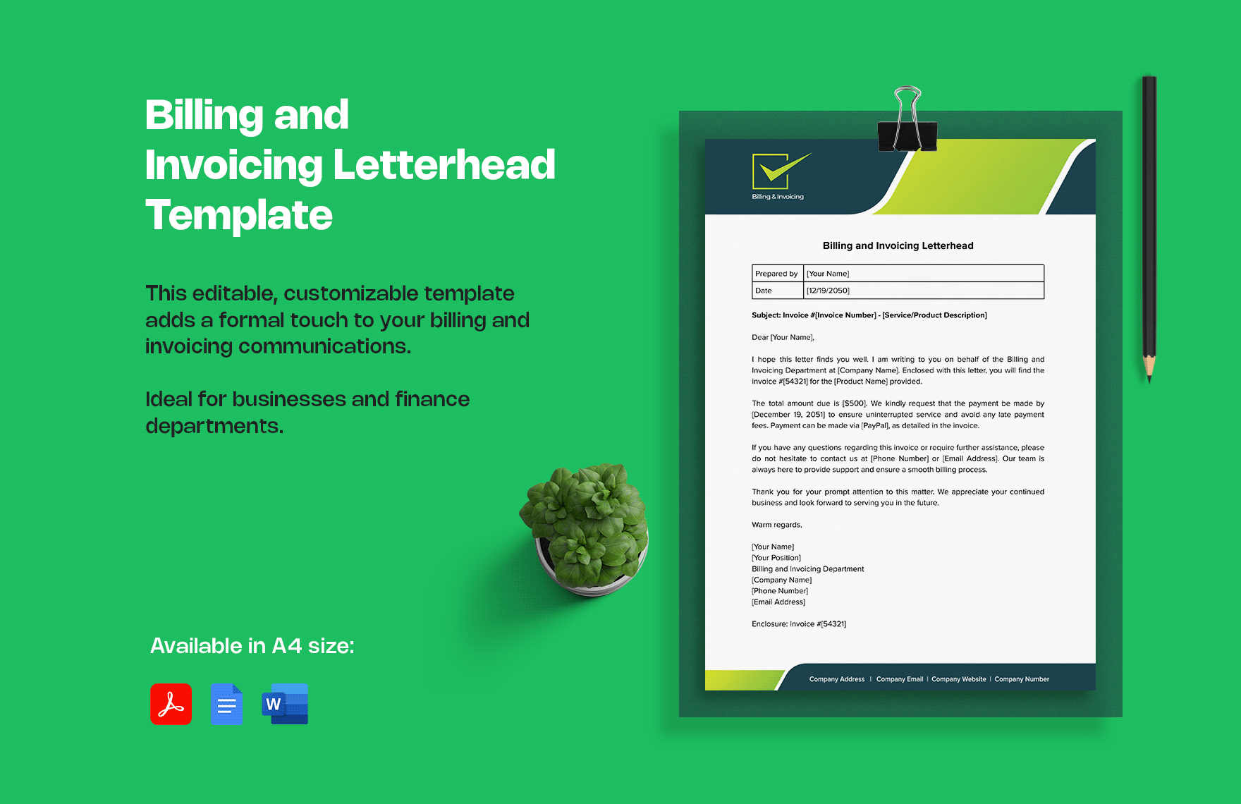 Billing and Invoicing Letterhead Template in Word, Google Docs, PDF