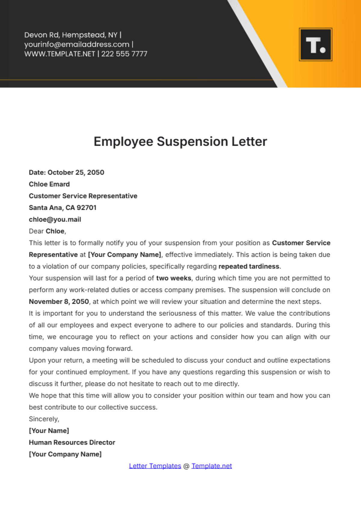 Employee Suspension Letter Template - Edit Online & Download