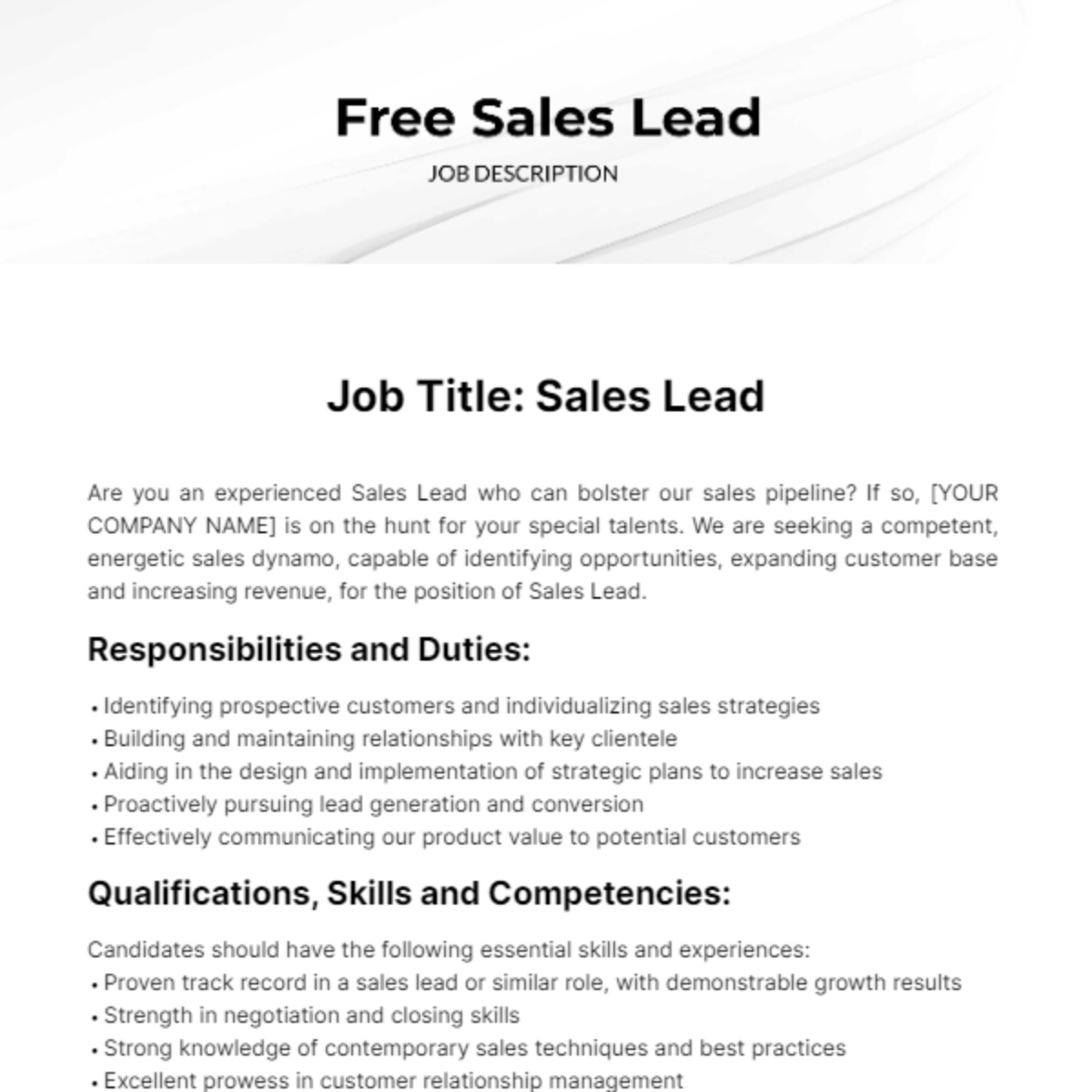 Free Sales Lead Job Description Template