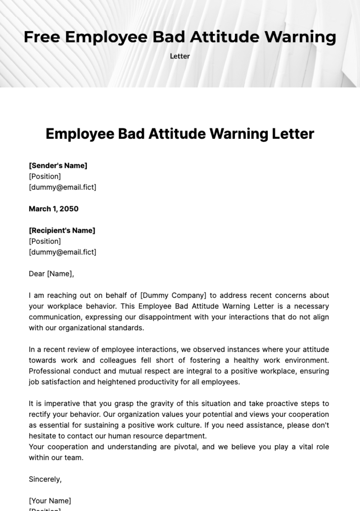 Employee Bad Attitude Warning Letter Template