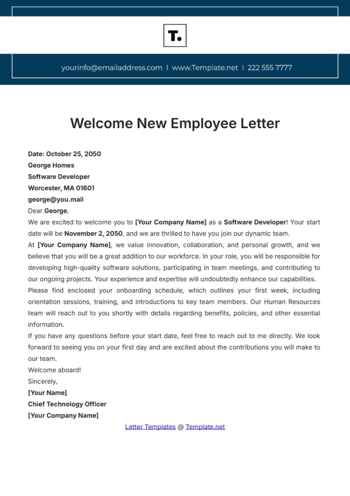 Welcome New Employee Letter Template - Edit Online & Download