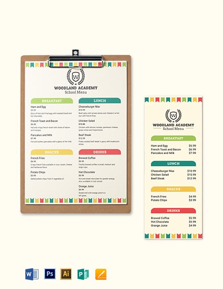 primary school menu template