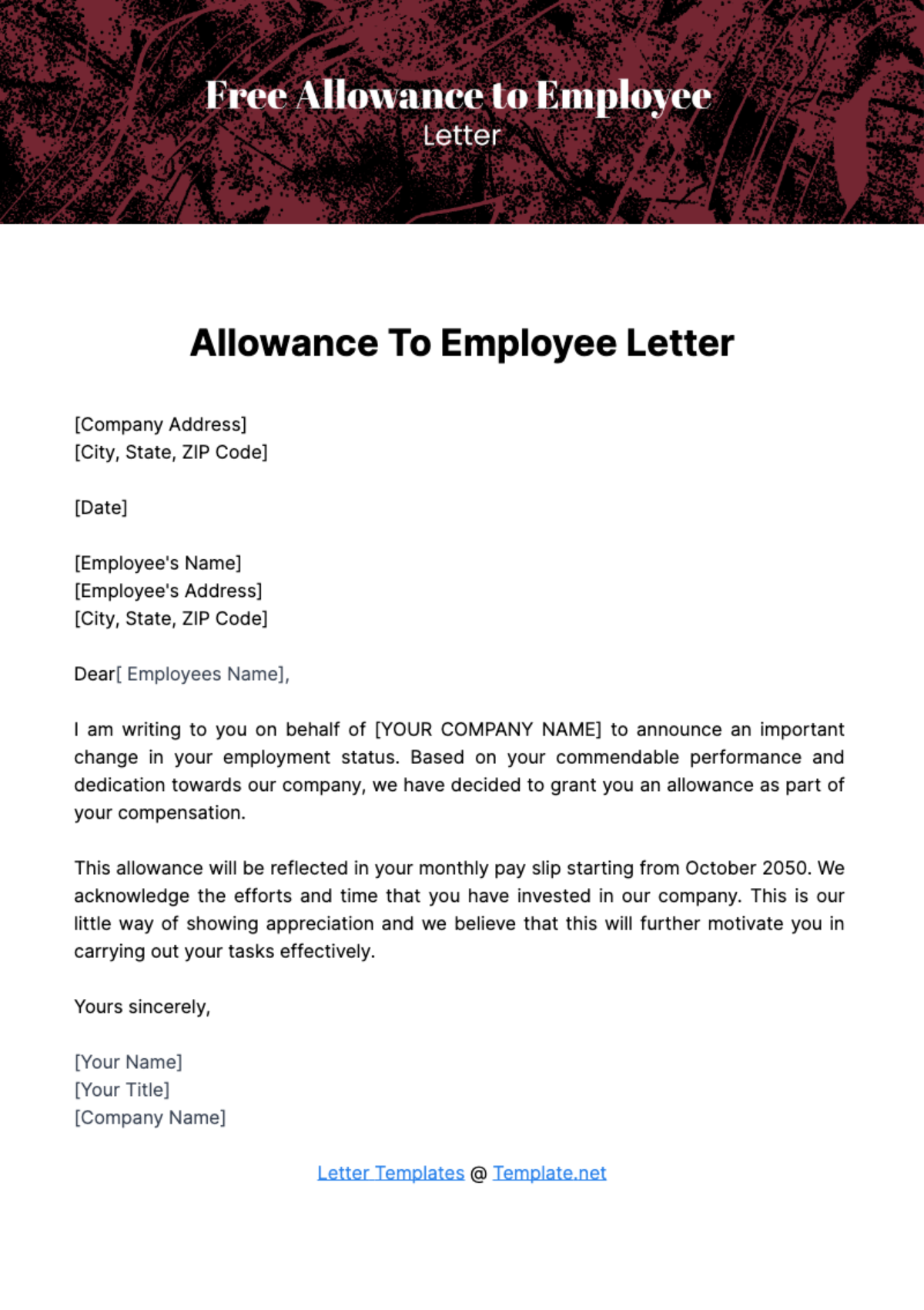 Free Allowance to Employee Letter Template