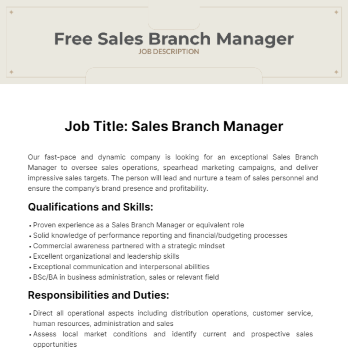 Free Sales Branch Manager Job Description Template