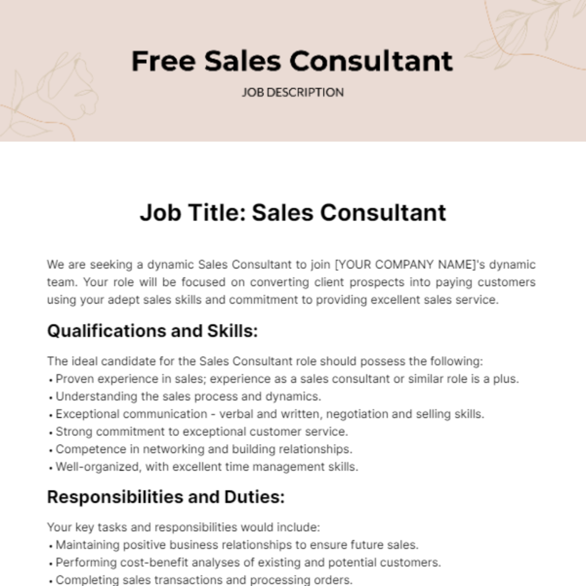 Free Sales Consultant Job Description Template